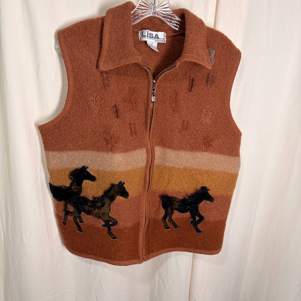 Vintage Lisa International Western Horse Zip Up Boiled Wool Vest Size 2X